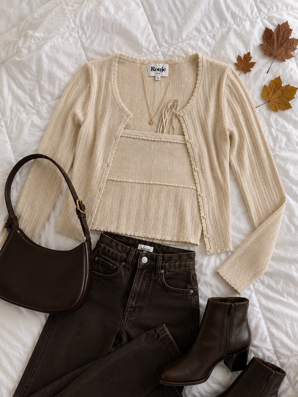Rouje Cream Ribbed Knit Cardigan and Crop Top Set